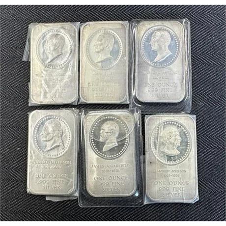 6 One Ounce Silver Presidents Bars by Madison Mint